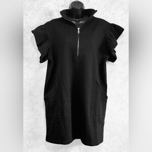 Entro Ladies Half Zip Black Ruffle Sleeves Textured Mini Tunic Dress Size Large